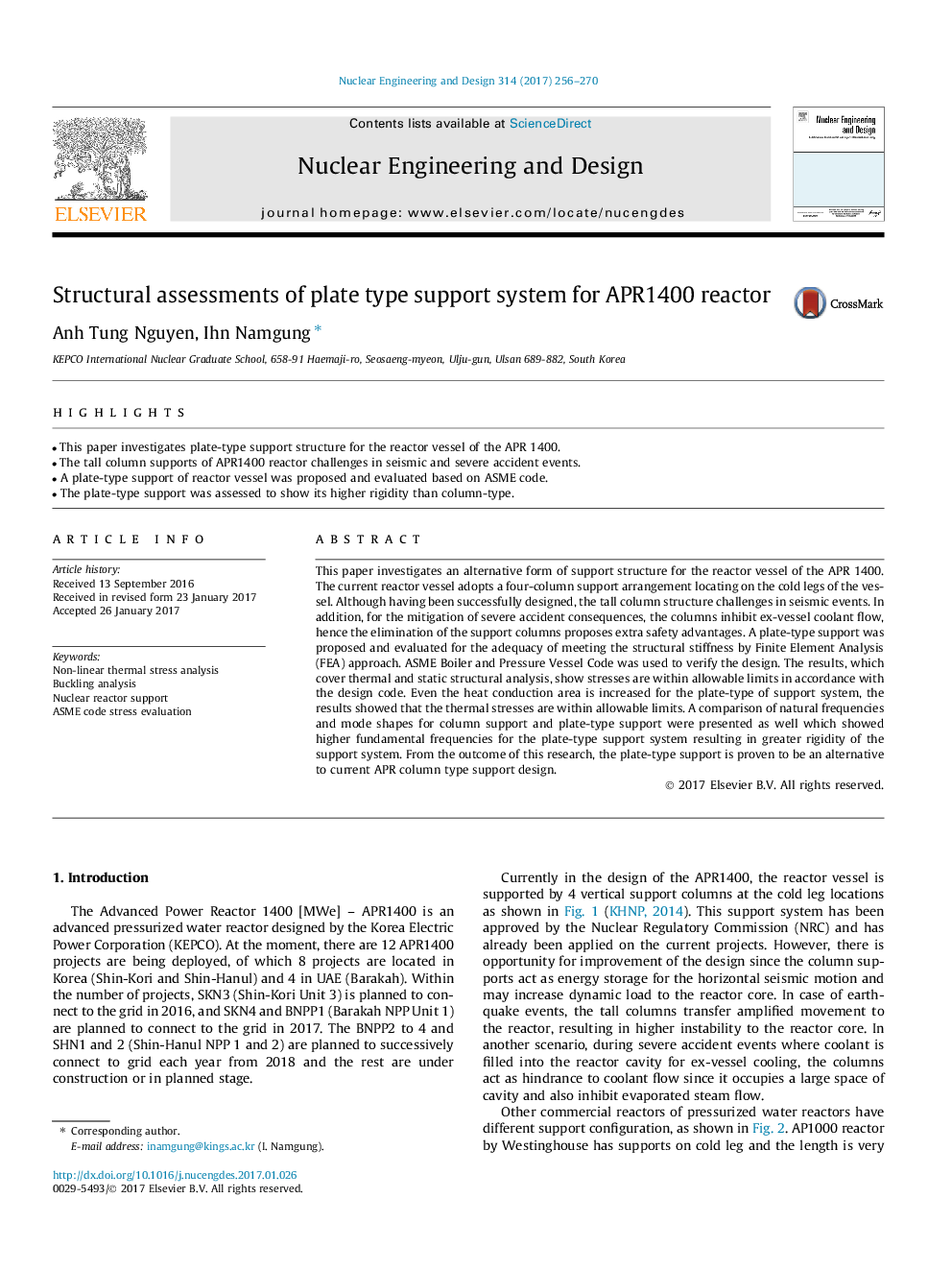 Structural assessments of plate type support system for APR1400 reactor