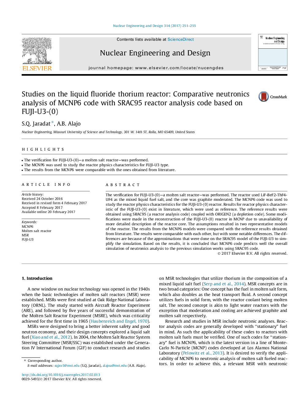 Studies on the liquid fluoride thorium reactor: Comparative neutronics analysis of MCNP6 code with SRAC95 reactor analysis code based on FUJI-U3-(0)