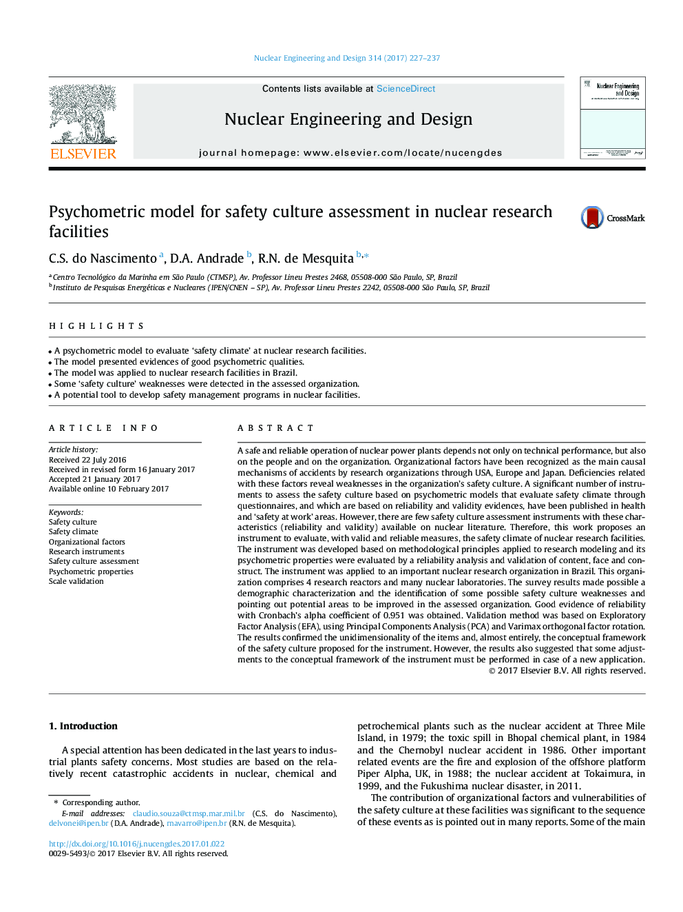 Psychometric model for safety culture assessment in nuclear research facilities