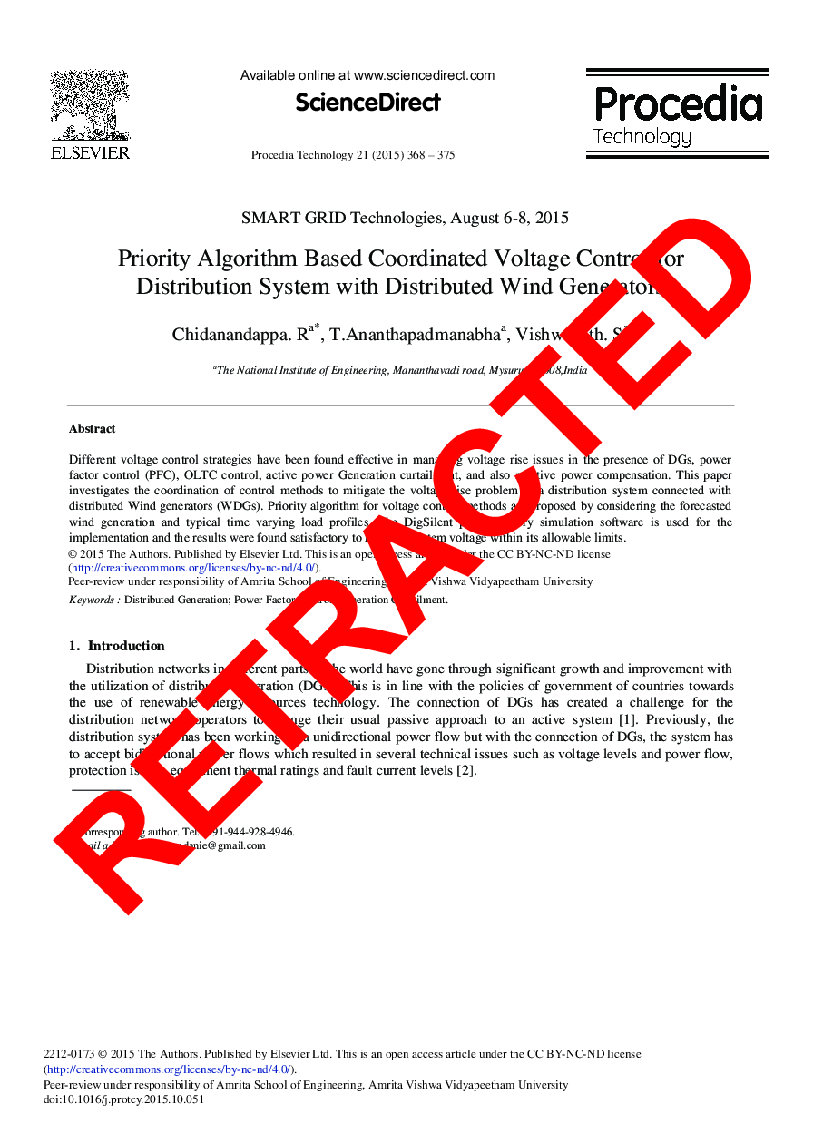 RETRACTED: Priority Algorithm Based Coordinated Voltage Control for Distribution System with Distributed Wind Generators