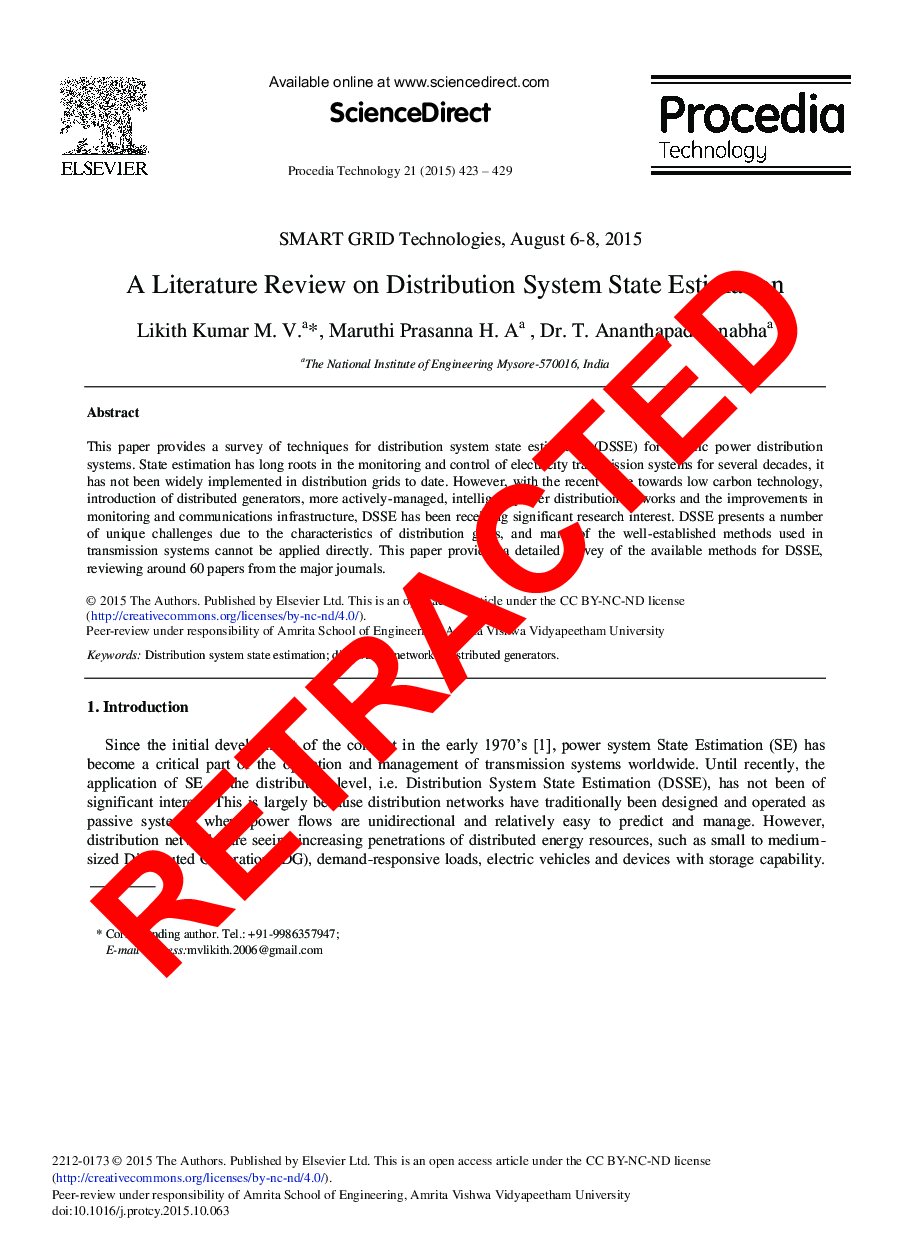 RETRACTED: A Literature Review on Distribution System State Estimation