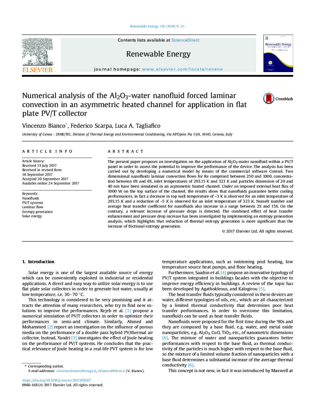 Numerical analysis of the Al2O3-water nanofluid forced laminar convection in an asymmetric heated channel for application in flat plate PV/T collector