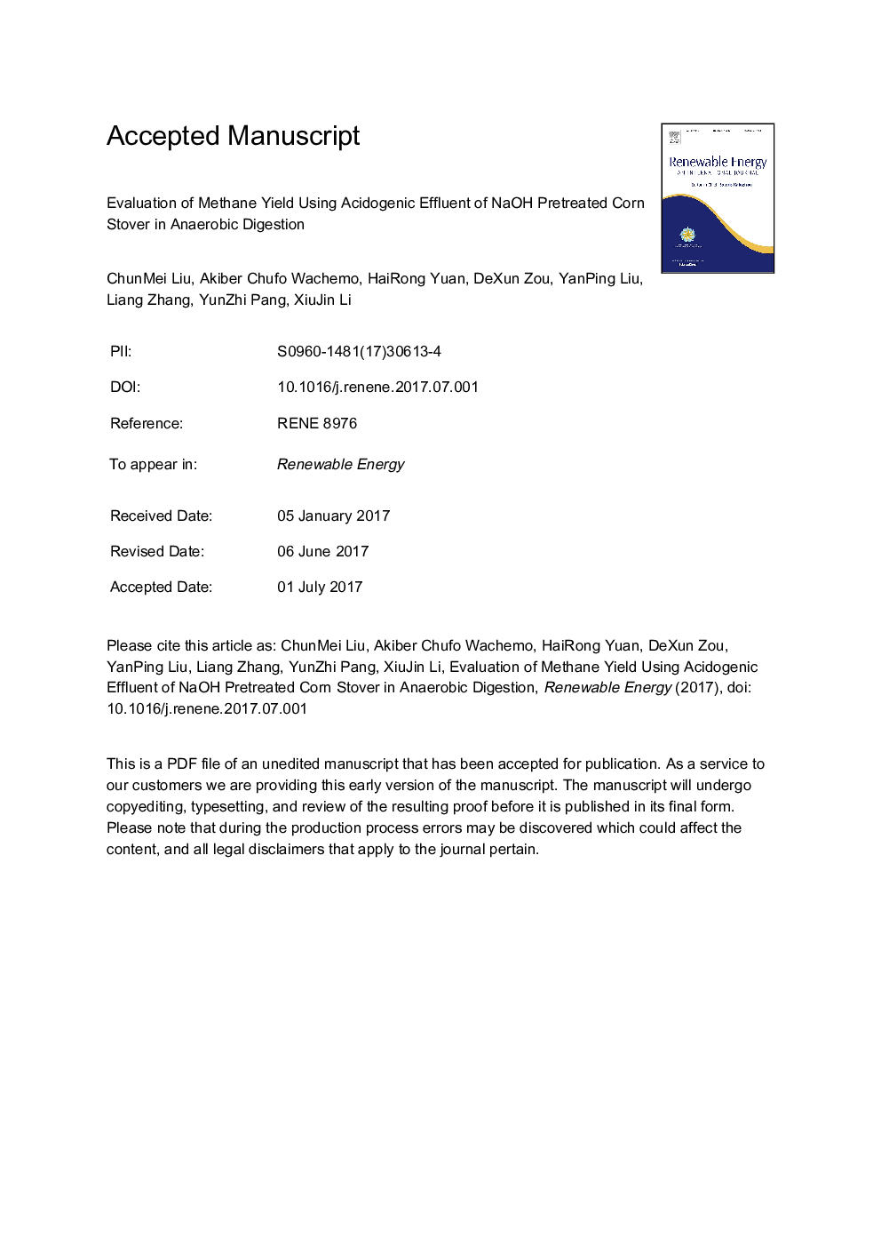 Evaluation of methane yield using acidogenic effluent of NaOH pretreated corn stover in anaerobic digestion