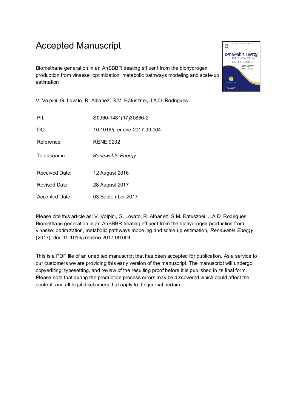 Biomethane generation in an AnSBBR treating effluent from the biohydrogen production from vinasse: Optimization, metabolic pathways modeling and scale-up estimation