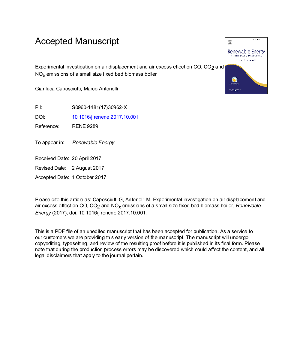 Experimental investigation on air displacement and air excess effect on CO, CO2 and NOx emissions of a small size fixed bed biomass boiler