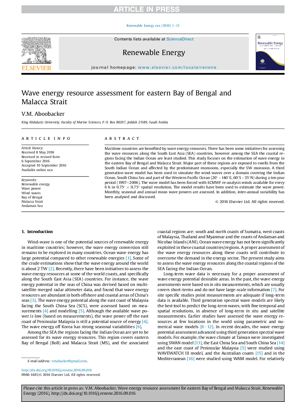 Wave energy resource assessment for eastern Bay of Bengal and Malacca Strait