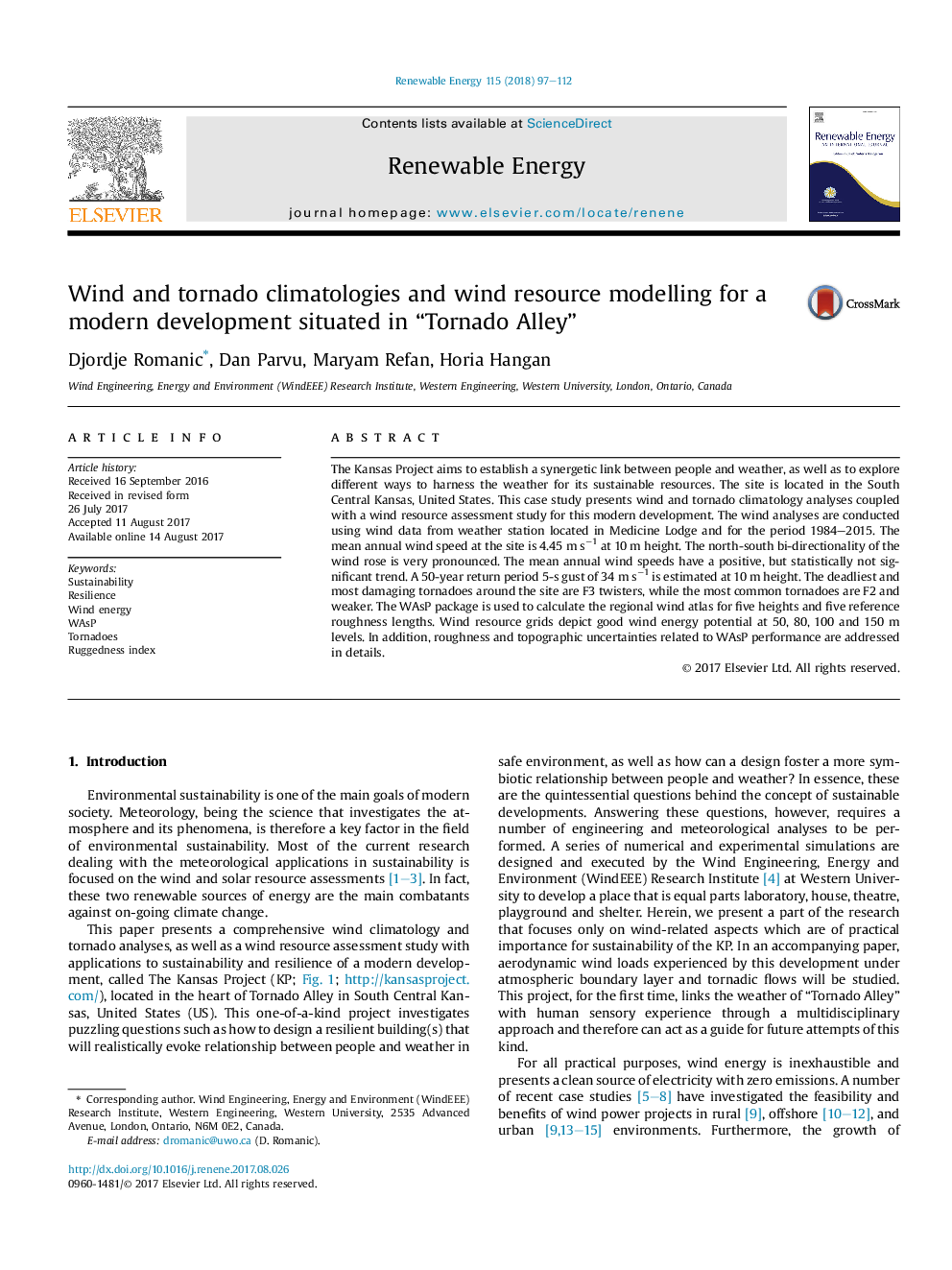 Wind and tornado climatologies and wind resource modelling for a modern development situated in “Tornado Alley”