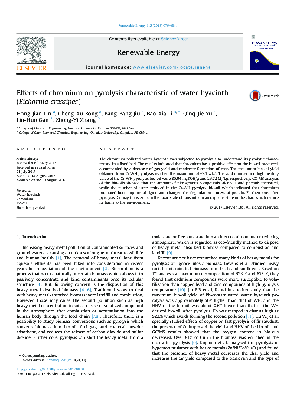 Effects of chromium on pyrolysis characteristic of water hyacinth (Eichornia crassipes)