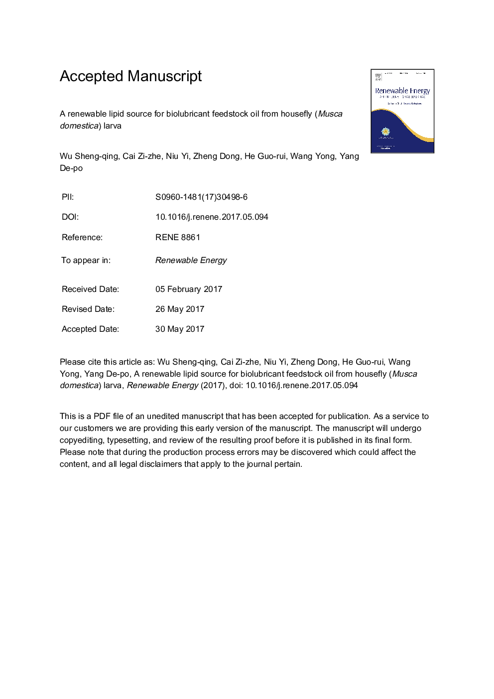 A renewable lipid source for biolubricant feedstock oil from housefly (Musca domestica) larva