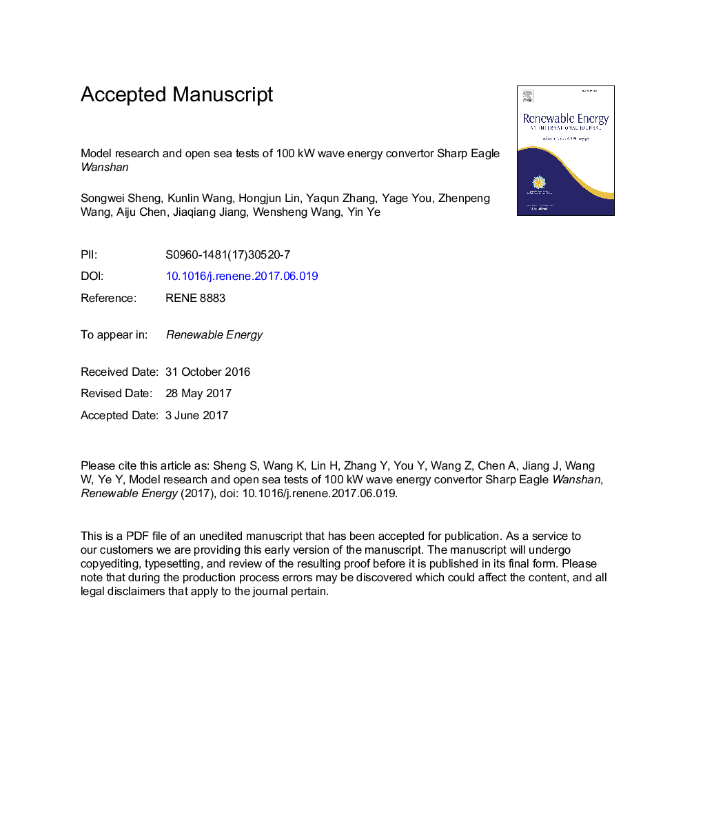 Model research and open sea tests of 100Â kW wave energy convertor Sharp Eagle Wanshan