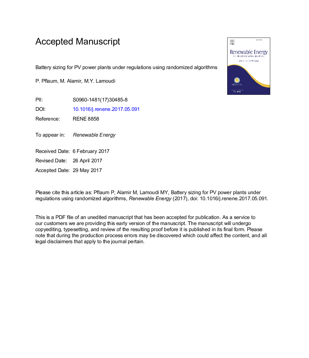 Battery sizing for PV power plants under regulations using randomized algorithms