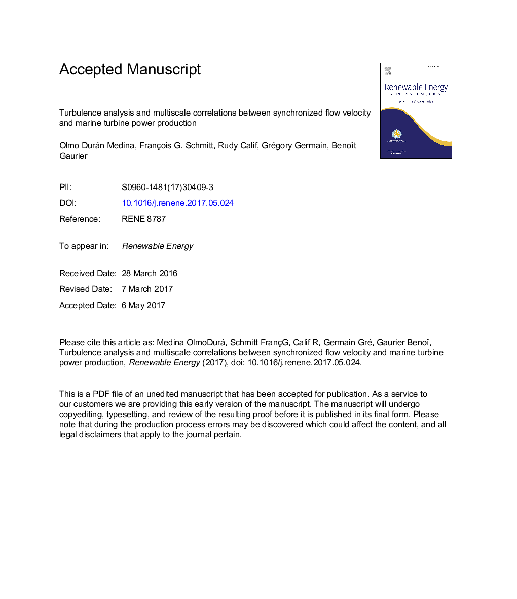 Turbulence analysis and multiscale correlations between synchronized flow velocity and marine turbine power production