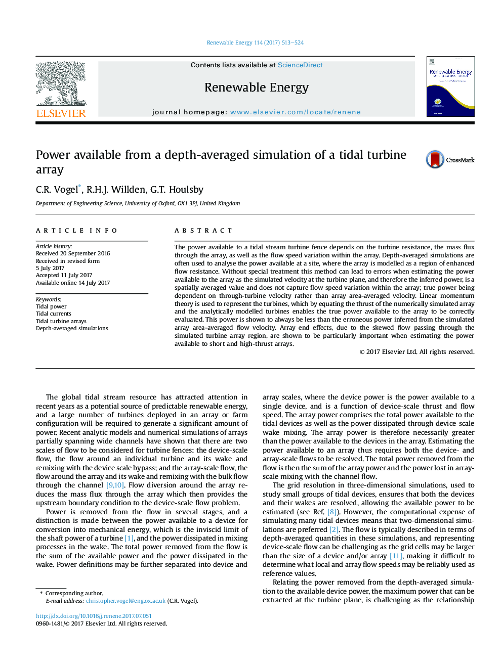 Power available from a depth-averaged simulation of a tidal turbine array