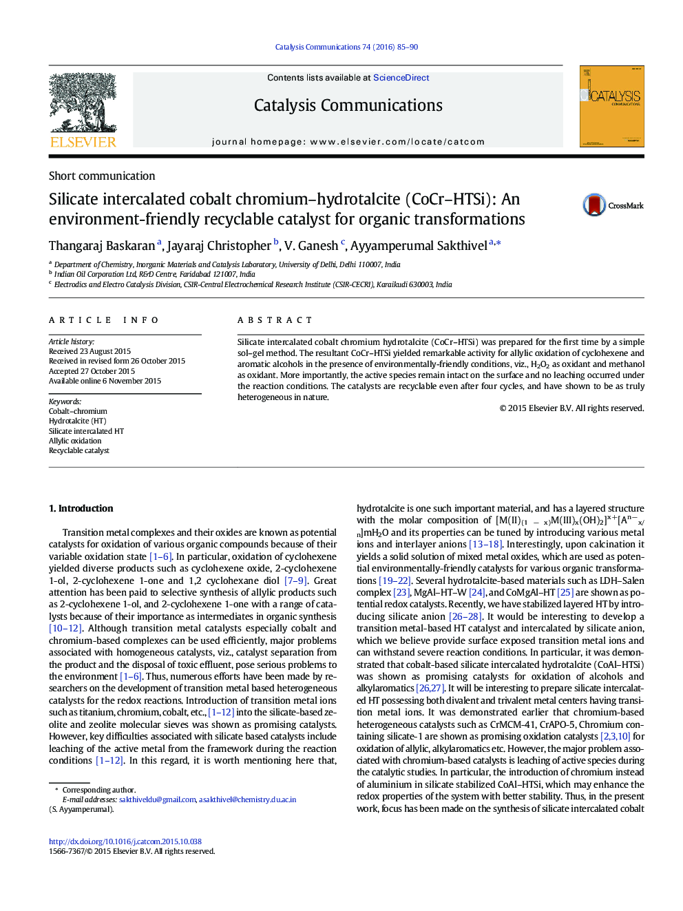 عکس صفحه اول مقاله: Silicate intercalated cobalt chromium–hydrotalcite (CoCr–HTSi): An environment-friendly recyclable catalyst for organic transformations Silicate intercalated cobalt chromium–hydrotalcite (CoCr–HTSi): An environment-friendly recyclable catalyst for organic transformations