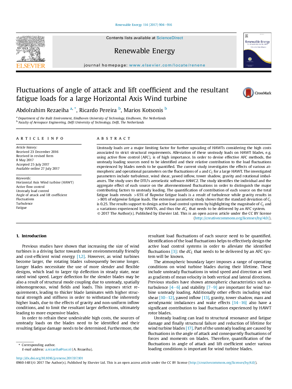 Fluctuations of angle of attack and lift coefficient and the resultant fatigue loads for a large Horizontal Axis Wind turbine