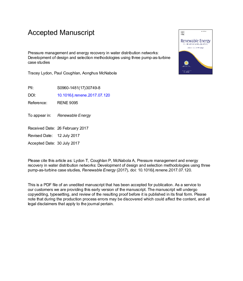 Pressure management and energy recovery in water distribution networks: Development of design and selection methodologies using three pump-as-turbine case studies