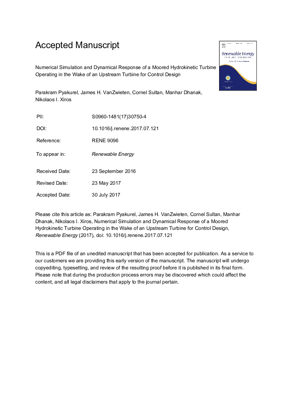 Numerical simulation and dynamical response of a moored hydrokinetic turbine operating in the wake of an upstream turbine for control design