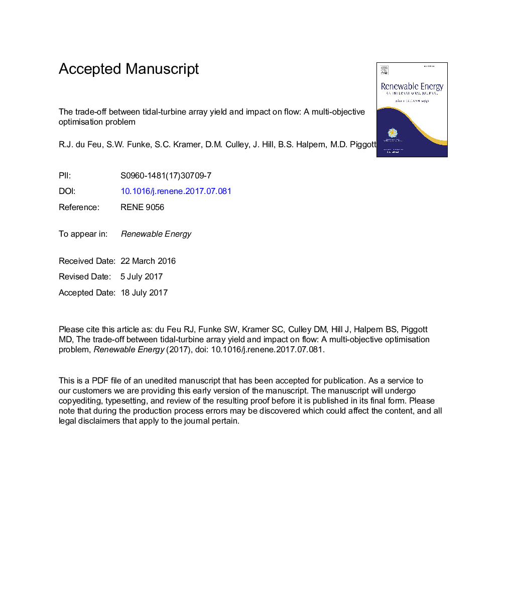 The trade-off between tidal-turbine array yield and impact on flow: A multi-objective optimisation problem