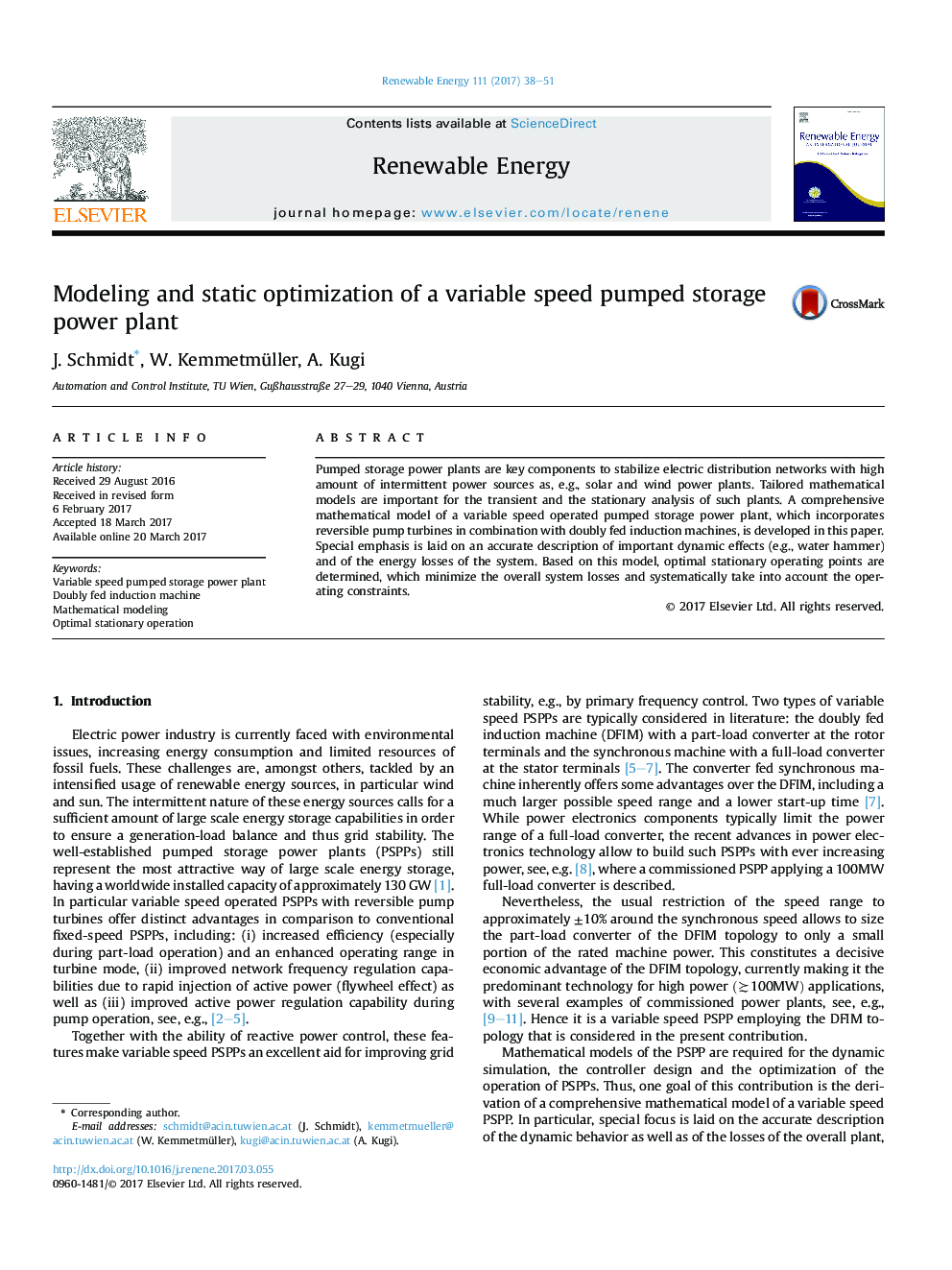 Modeling and static optimization of a variable speed pumped storage power plant