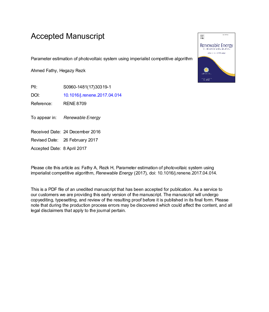 Parameter estimation of photovoltaic system using imperialist competitive algorithm