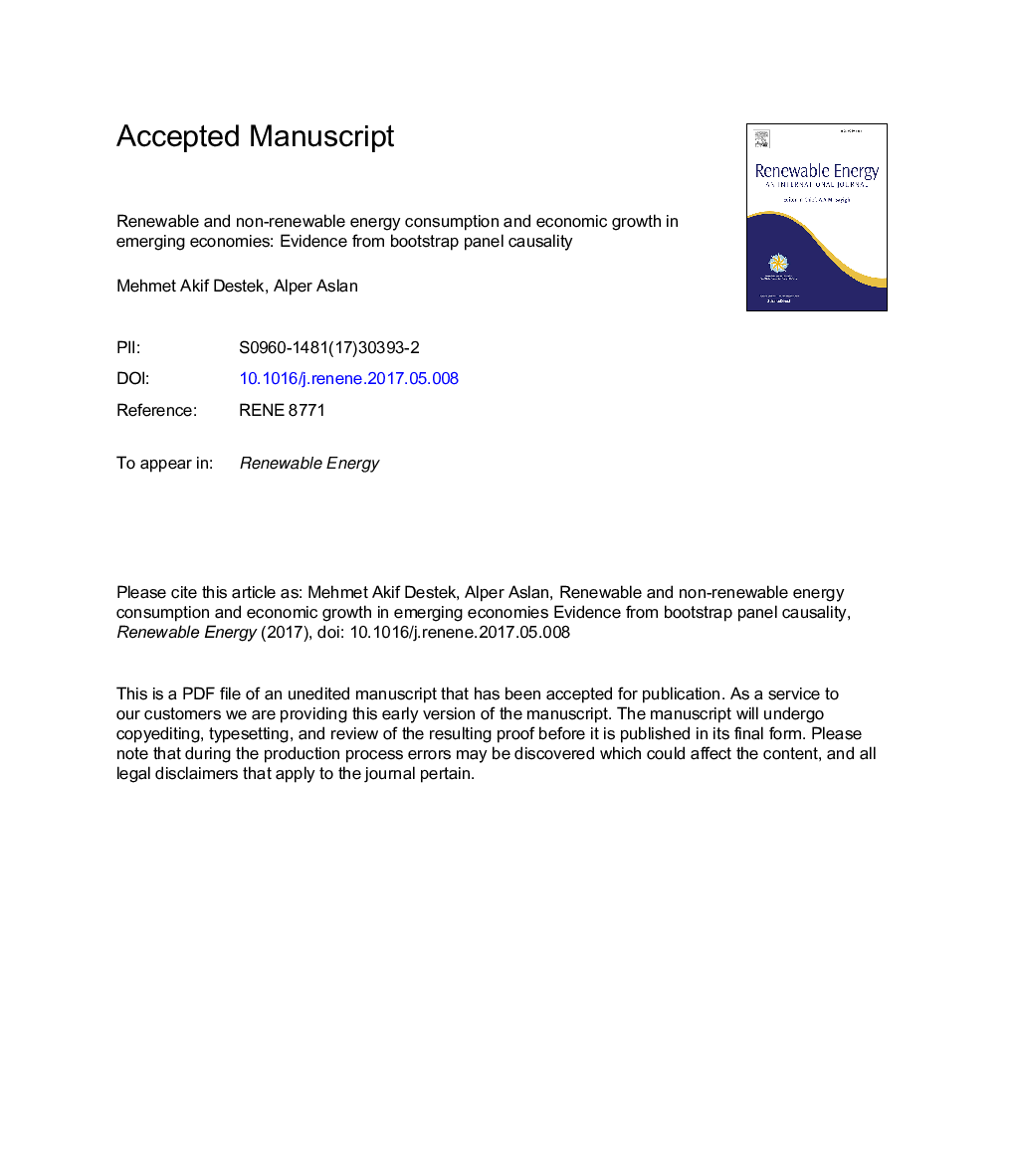 مصرف انرژی تجدیدپذیر و غیر قابل احتراق و رشد اقتصادی در اقتصادهای نوظهور: شواهد از علل پانل بوت استرپ 