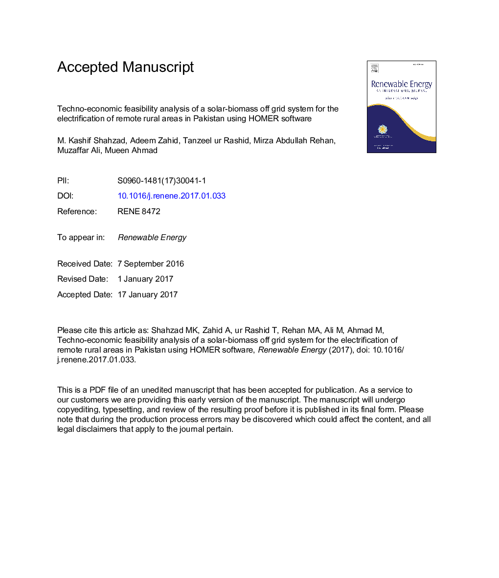 Techno-economic feasibility analysis of a solar-biomass off grid system for the electrification of remote rural areas in Pakistan using HOMER software