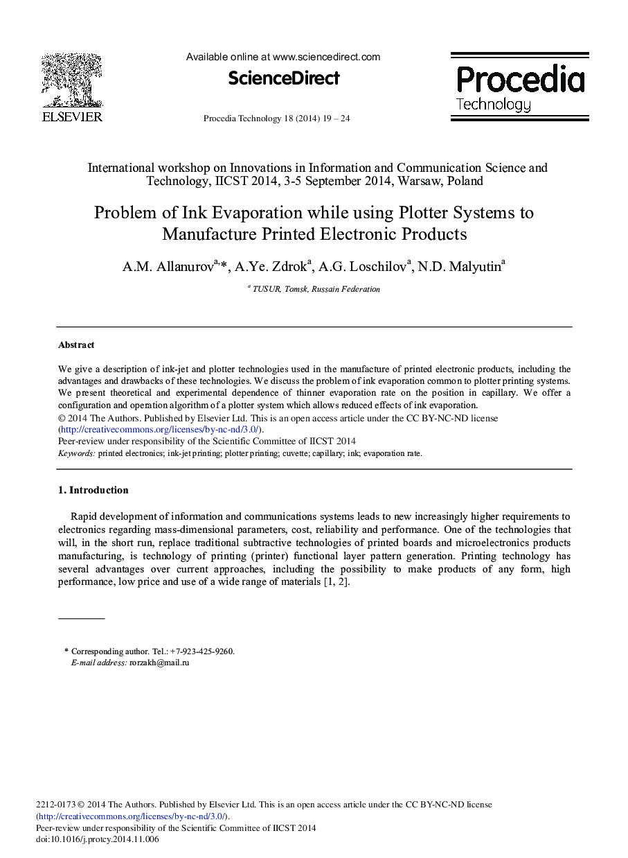 Problem of Ink Evaporation while Using Plotter Systems to Manufacture Printed Electronic Products 