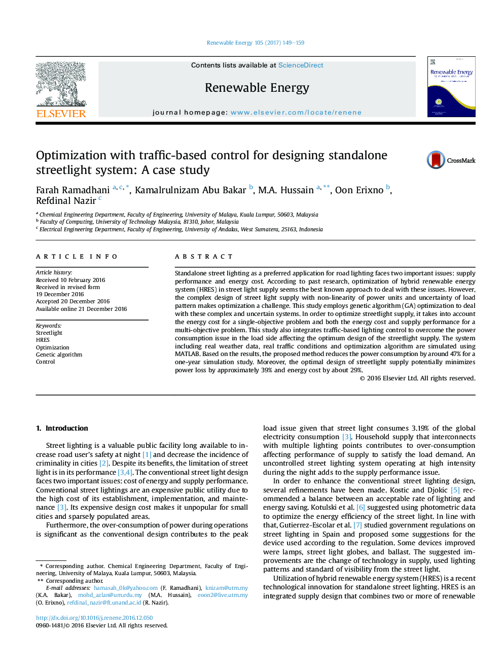 Optimization with traffic-based control for designing standalone streetlight system: A case study