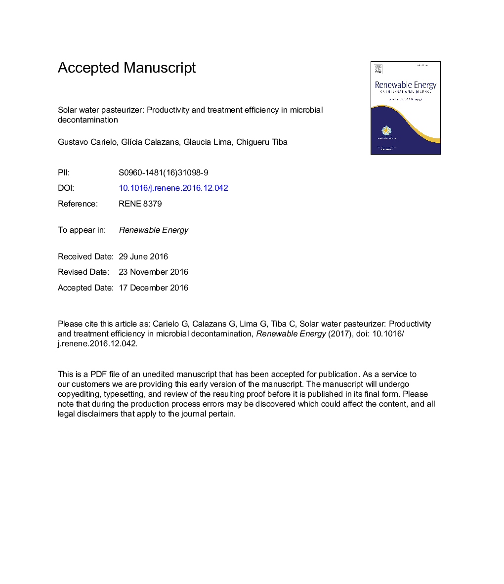 Solar water pasteurizer: Productivity and treatment efficiency in microbial decontamination