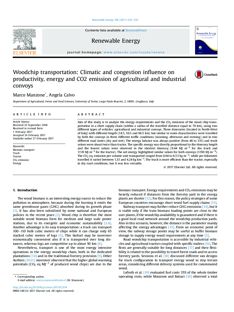 Woodchip transportation: Climatic and congestion influence on productivity, energy and CO2 emission of agricultural and industrial convoys