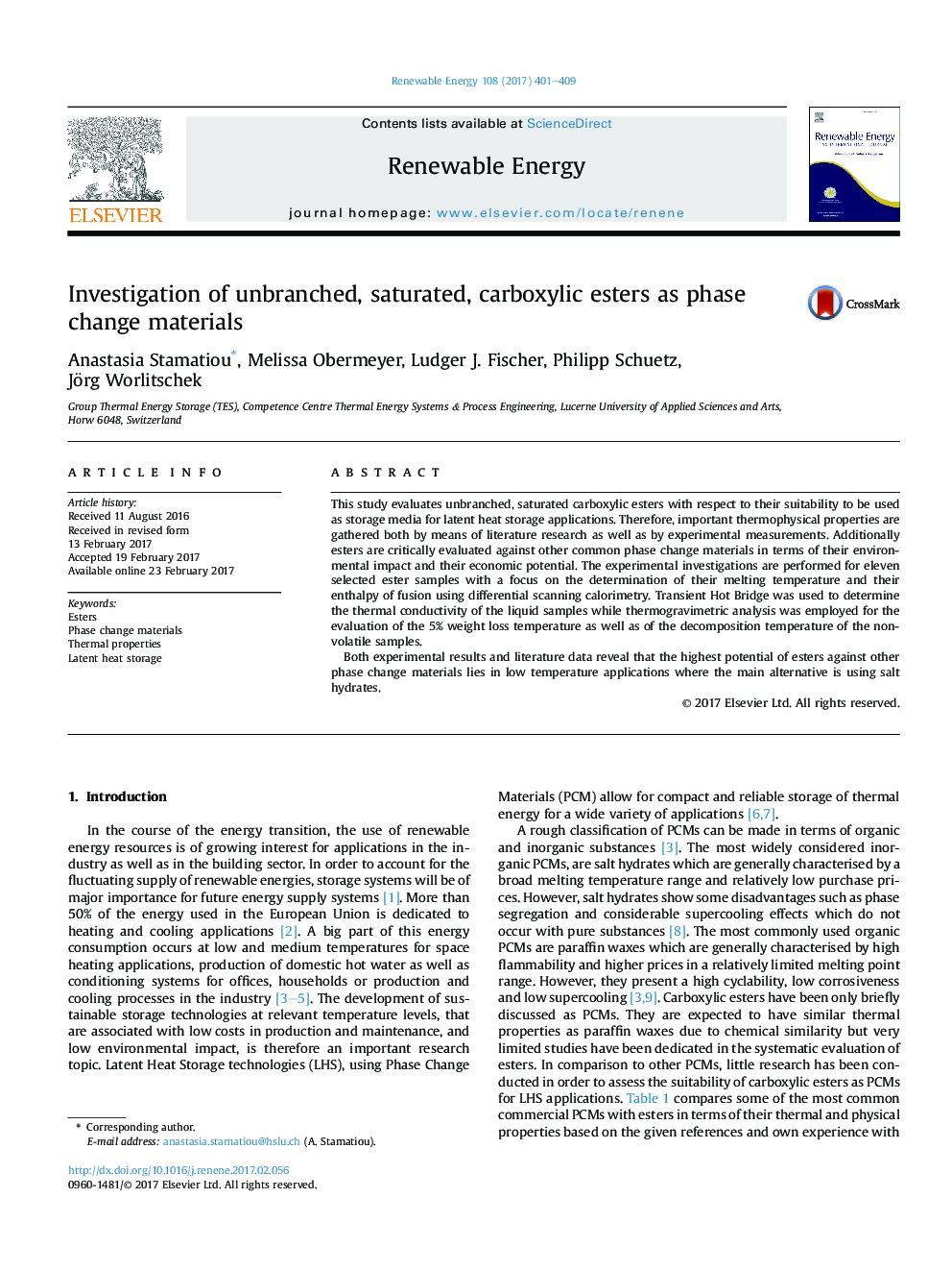 Investigation of unbranched, saturated, carboxylic esters as phase change materials