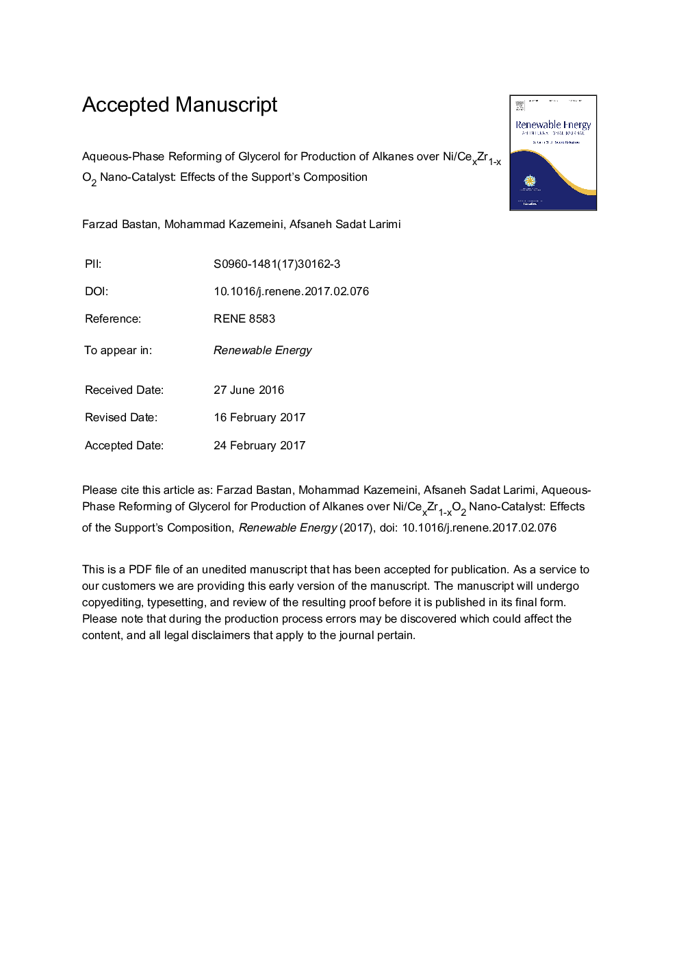 Aqueous-phase reforming of glycerol for production of alkanes over Ni/CexZr1-xO2 nano-catalyst: Effects of the support's composition