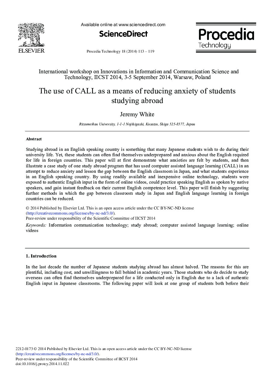 The Use of CALL as a Means of Reducing Anxiety of Students Studying Abroad 