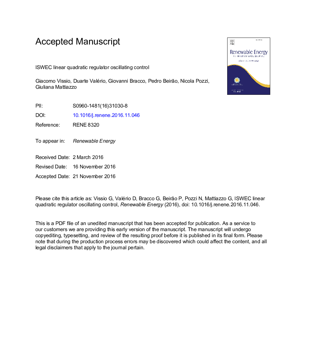 ISWEC linear quadratic regulator oscillating control