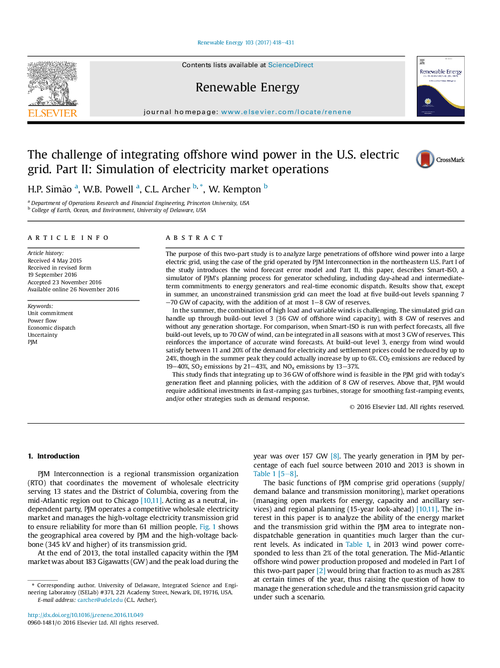 The challenge of integrating offshore wind power in the U.S. electric grid. Part II: Simulation of electricity market operations