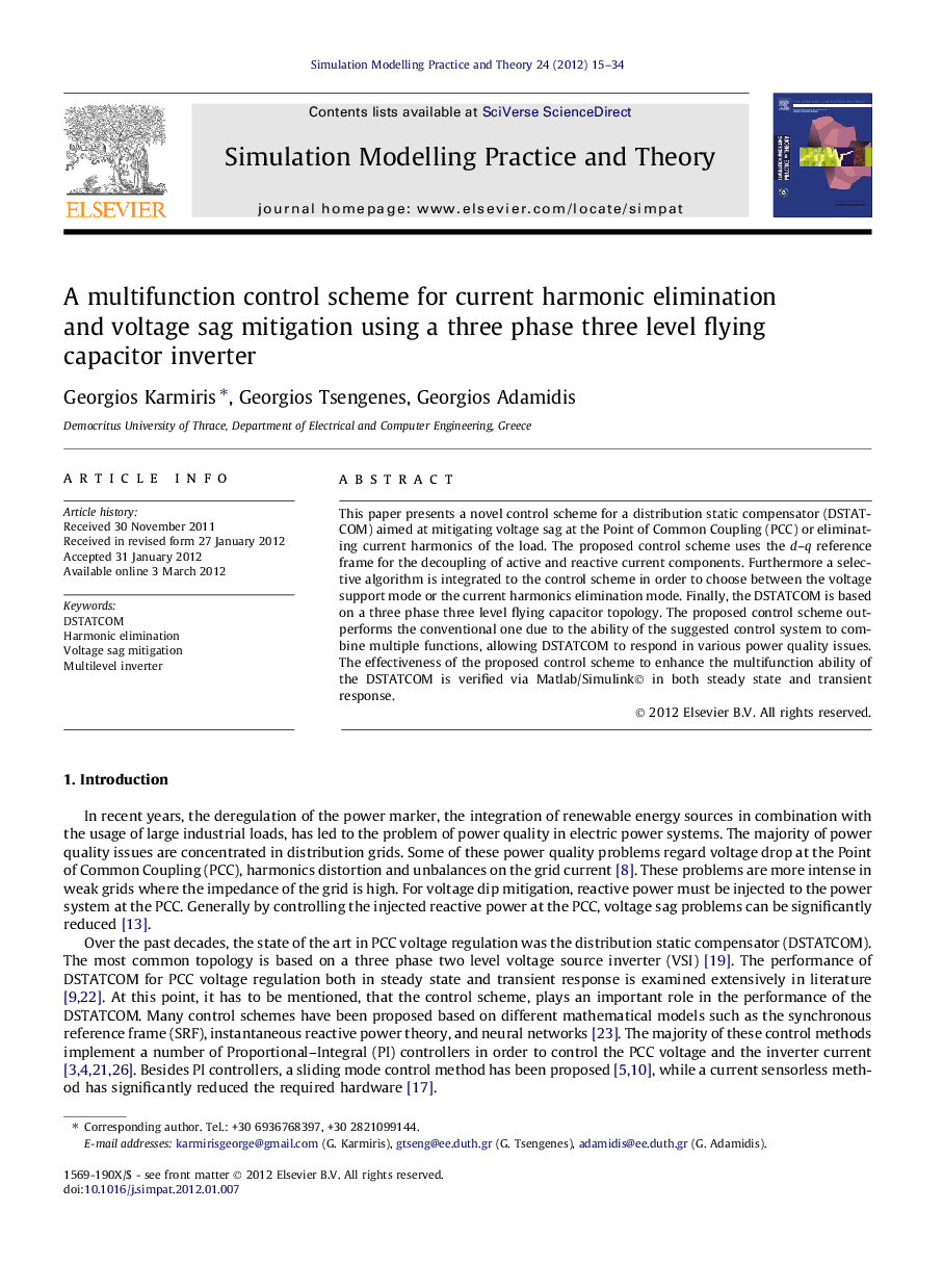 A multifunction control scheme for current harmonic elimination and voltage sag mitigation using a three phase three level flying capacitor inverter