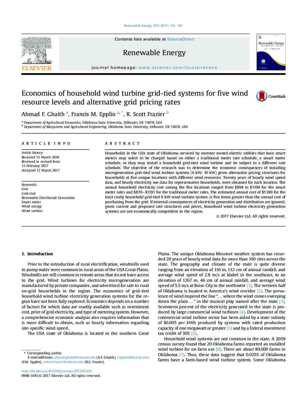 Economics of household wind turbine grid-tied systems for five wind resource levels and alternative grid pricing rates