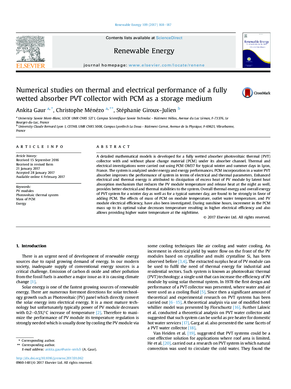 Numerical studies on thermal and electrical performance of a fully wetted absorber PVT collector with PCM as a storage medium