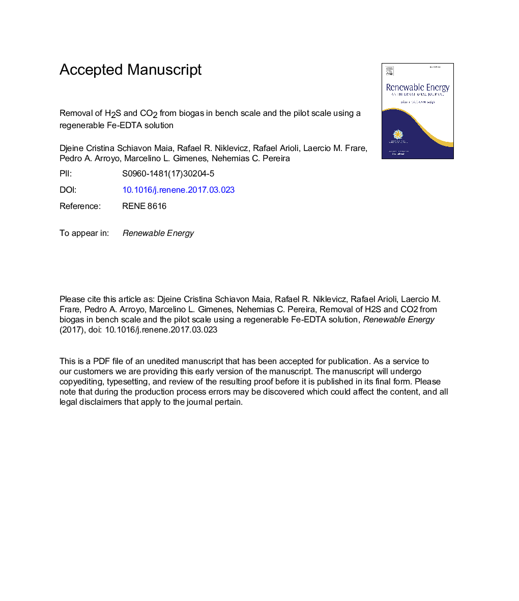 Removal of H2S and CO2 from biogas in bench scale and the pilot scale using a regenerable Fe-EDTA solution