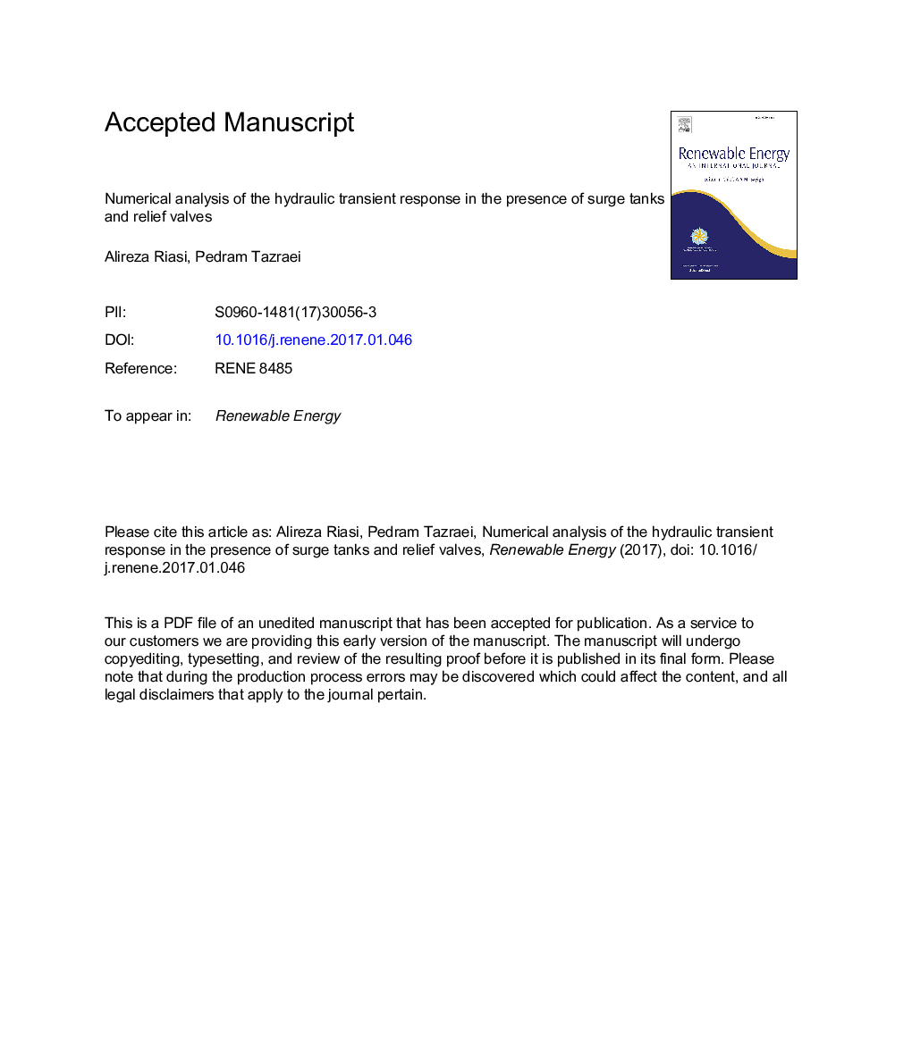 Numerical analysis of the hydraulic transient response in the presence of surge tanks and relief valves