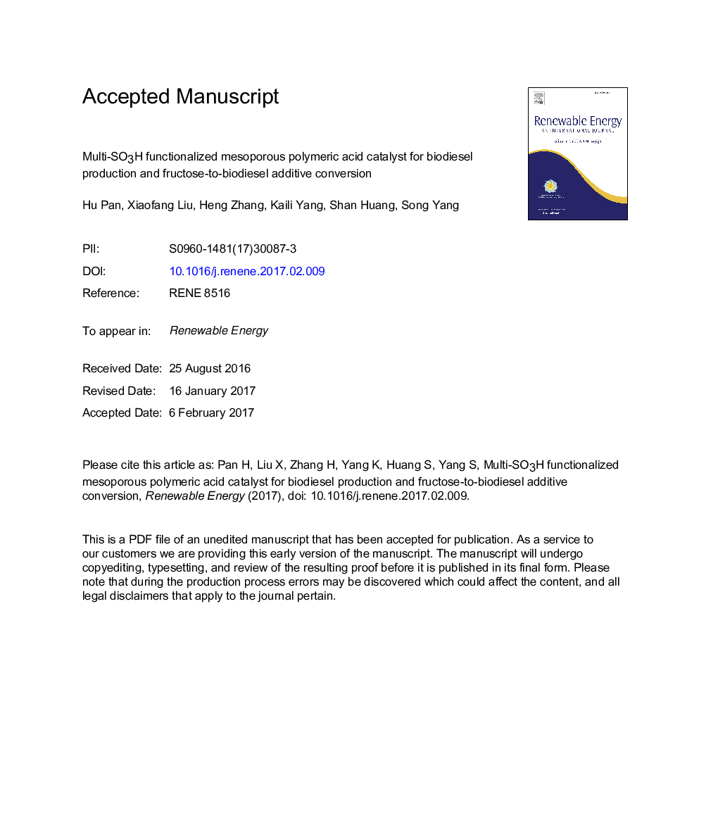 Multi-SO3H functionalized mesoporous polymeric acid catalyst for biodiesel production and fructose-to-biodiesel additive conversion