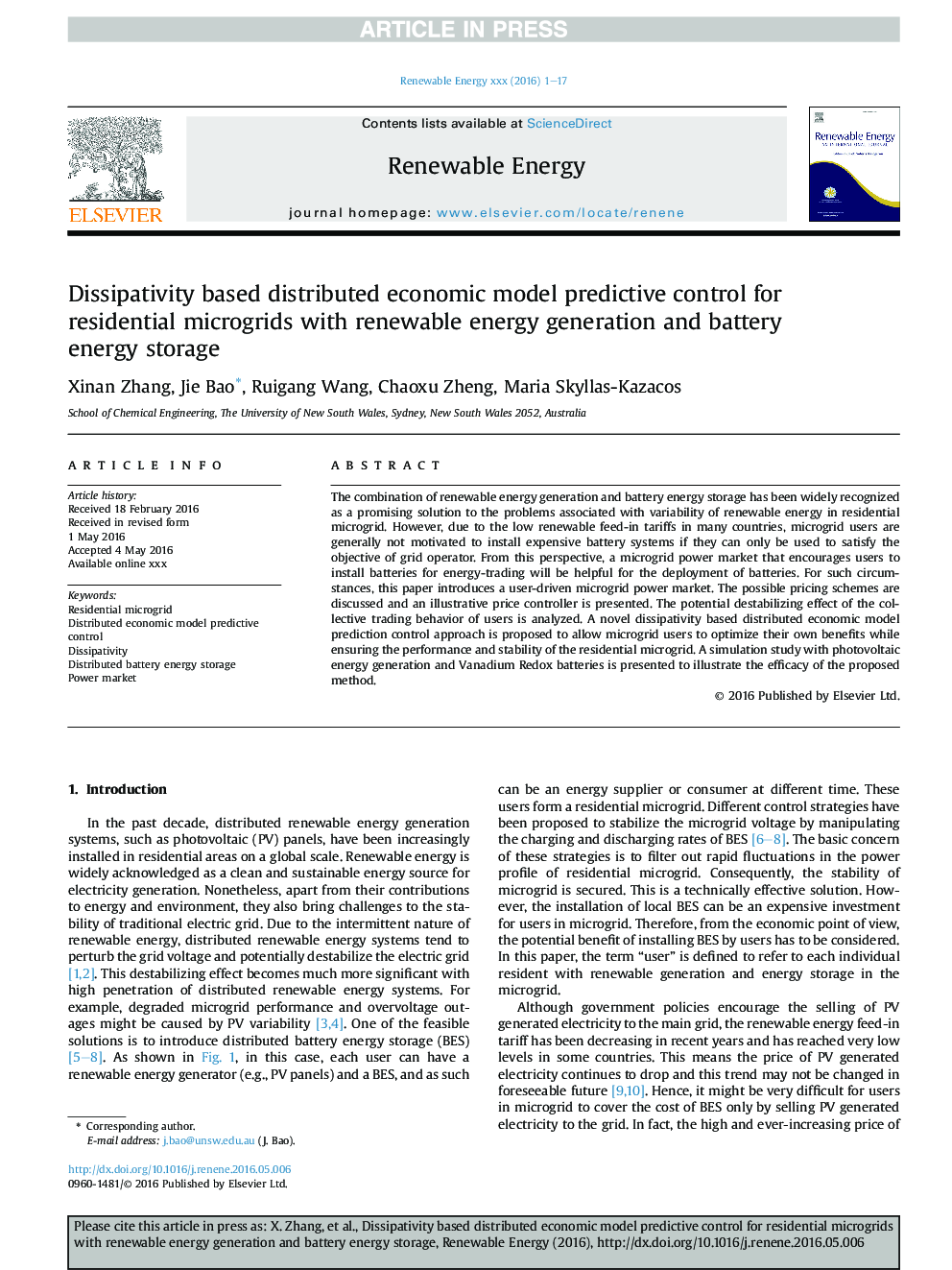 Dissipativity based distributed economic model predictive control for residential microgrids with renewable energy generation and battery energy storage