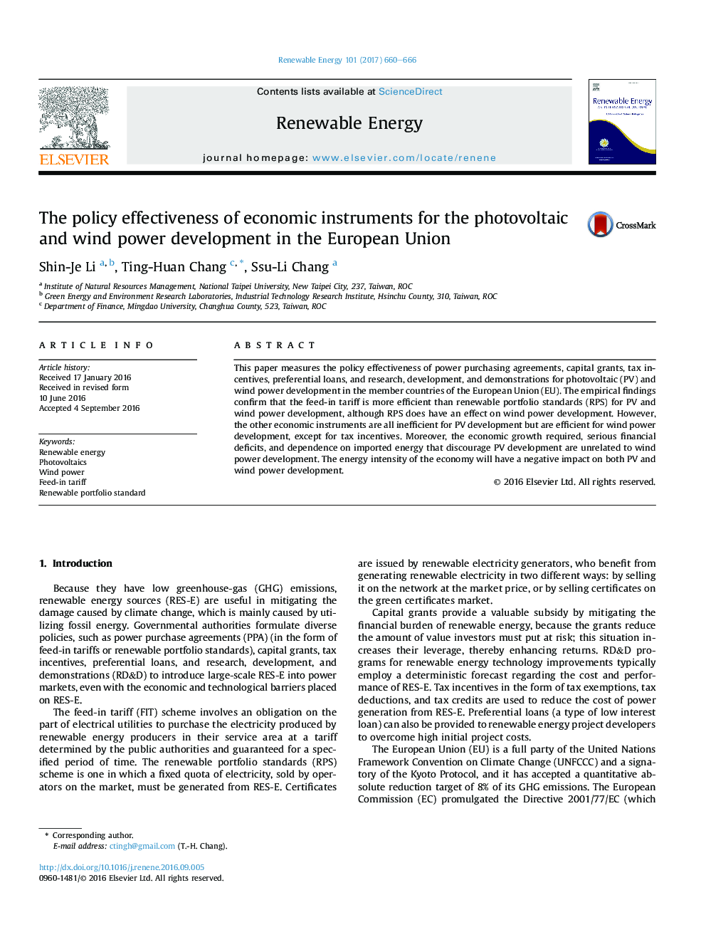 The policy effectiveness of economic instruments for the photovoltaic and wind power development in the European Union