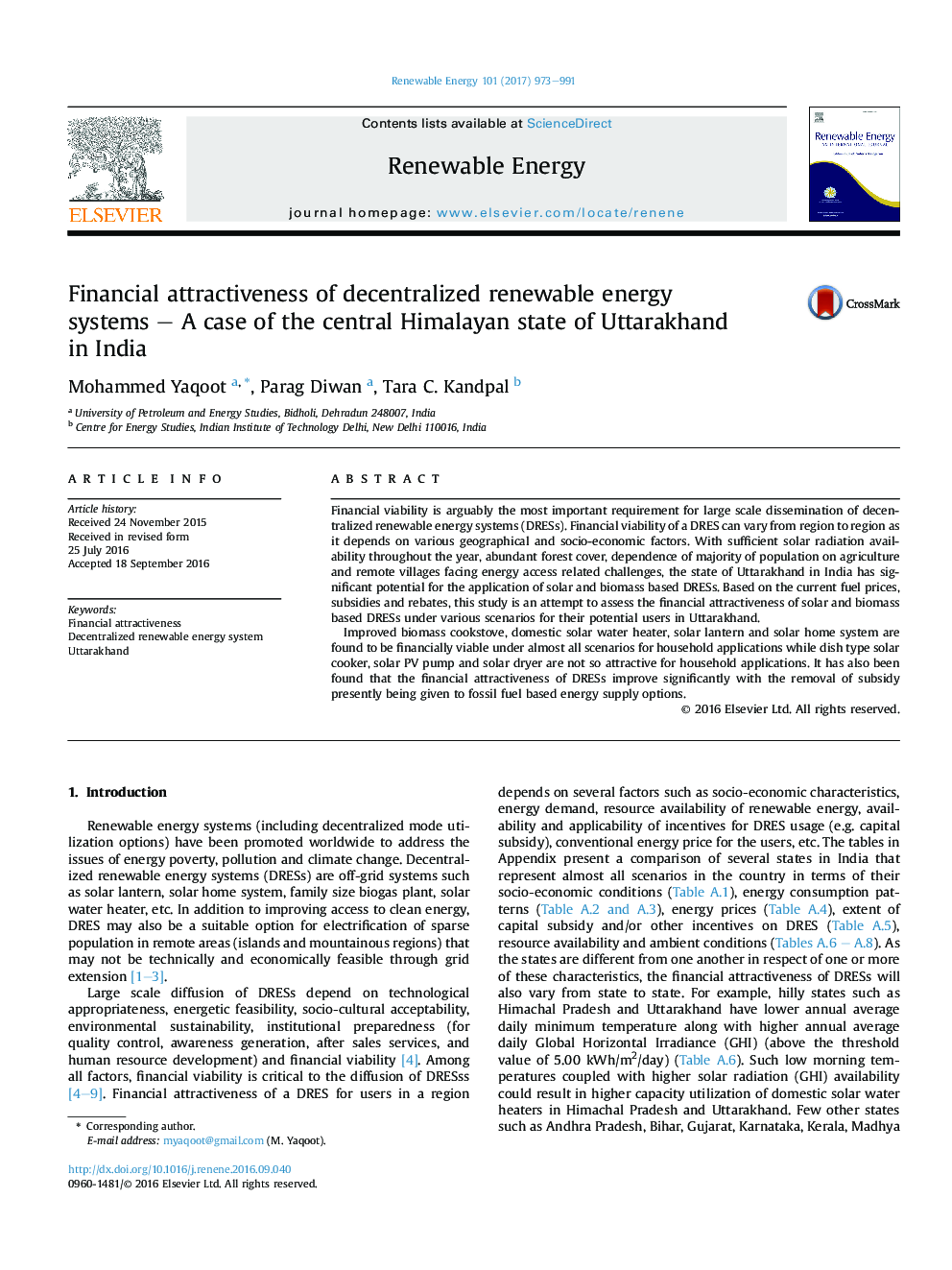 Financial attractiveness of decentralized renewable energy systems -Â A case of the central Himalayan state of Uttarakhand in India
