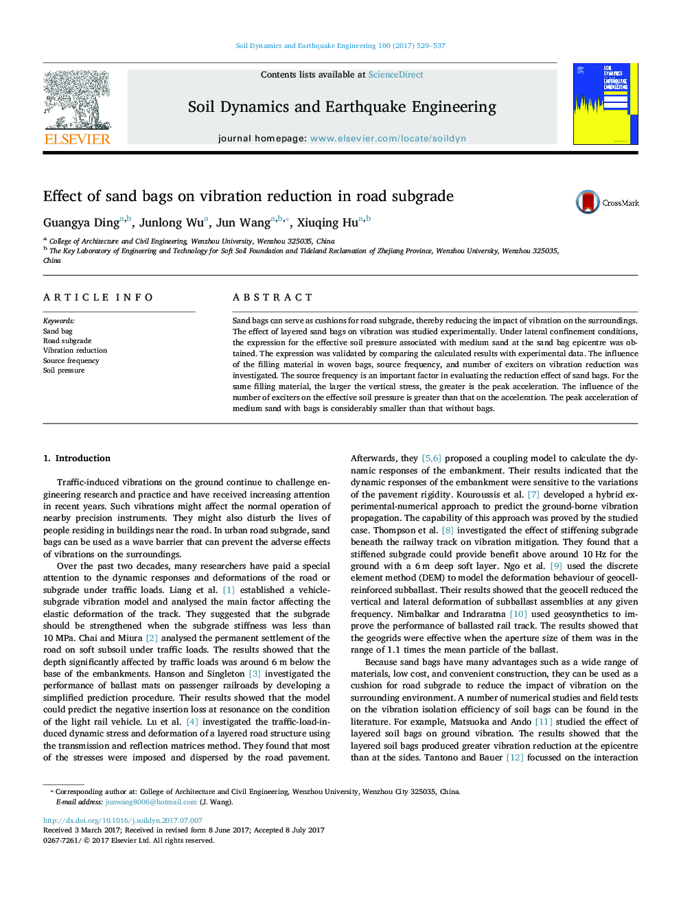 Effect of sand bags on vibration reduction in road subgrade