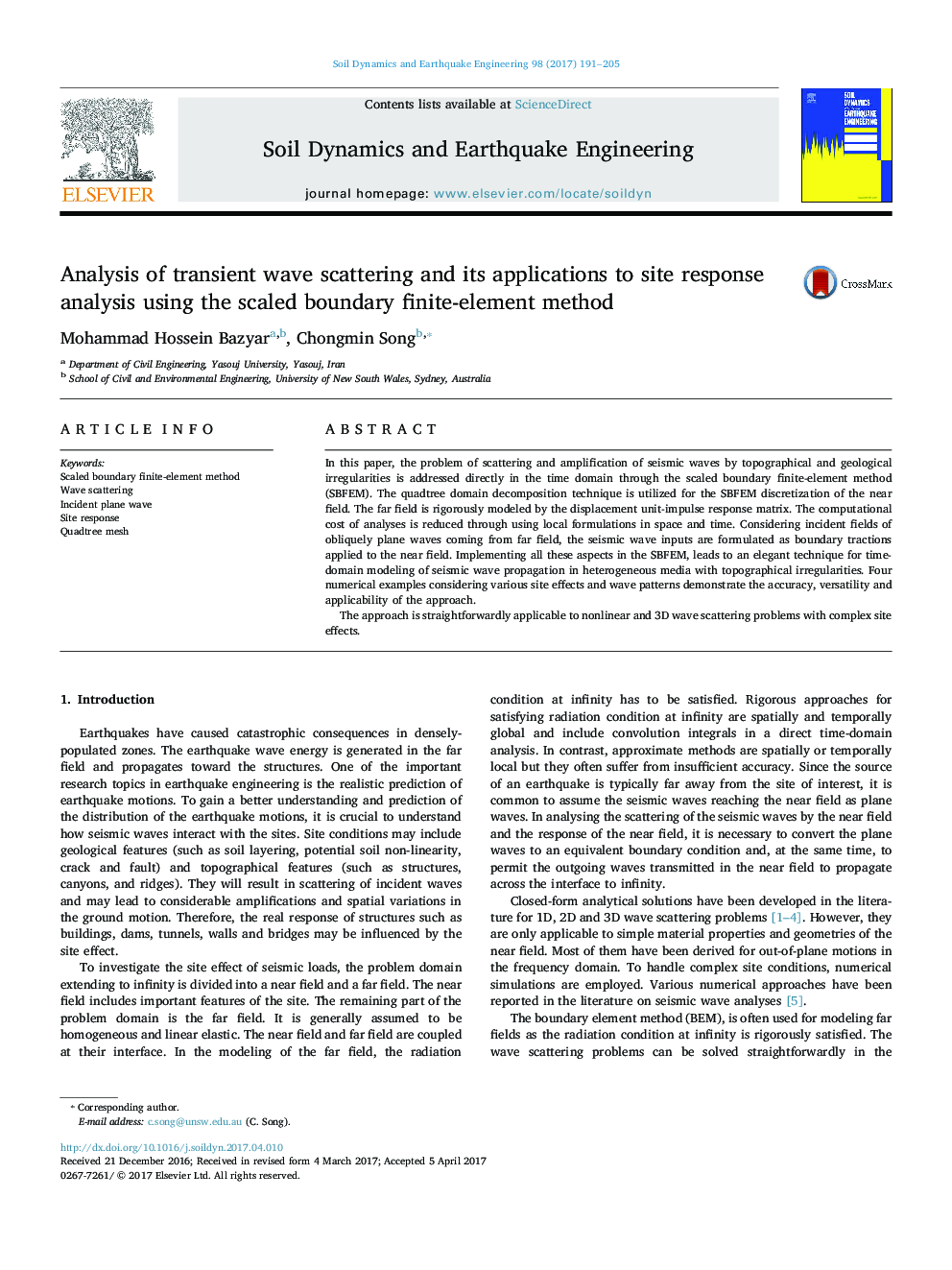 Analysis of transient wave scattering and its applications to site response analysis using the scaled boundary finite-element method