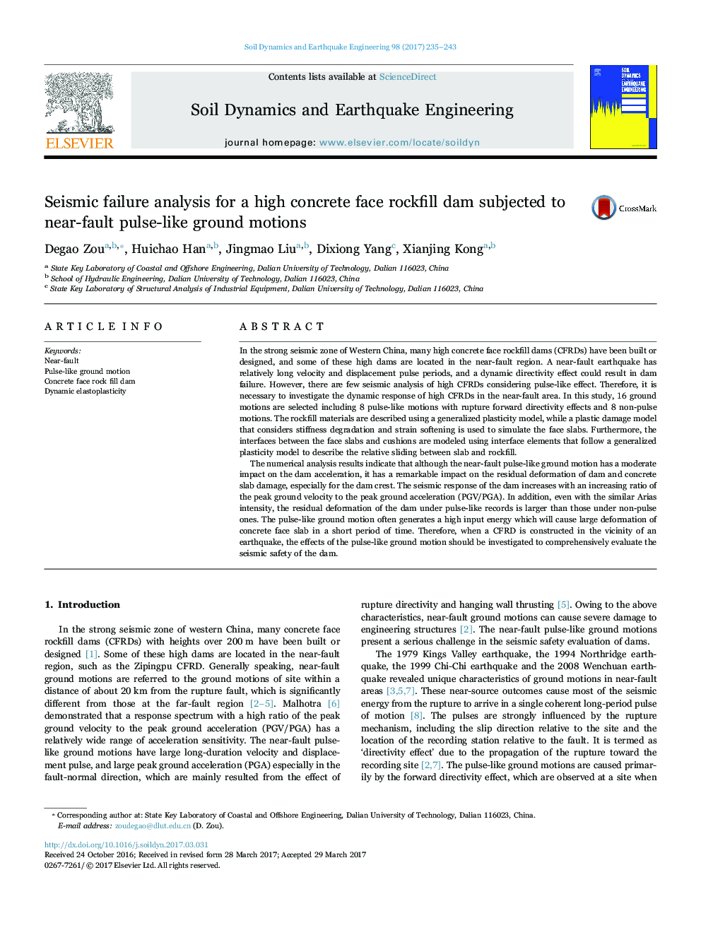 Seismic failure analysis for a high concrete face rockfill dam subjected to near-fault pulse-like ground motions