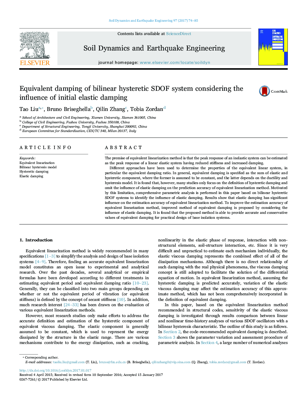 Equivalent damping of bilinear hysteretic SDOF system considering the influence of initial elastic damping