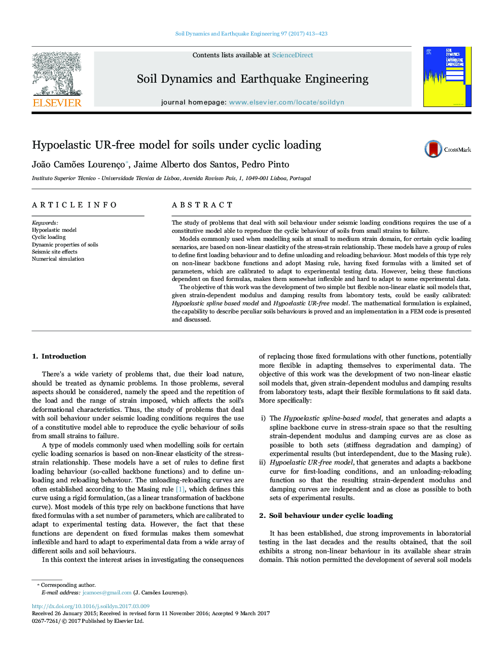 Hypoelastic UR-free model for soils under cyclic loading