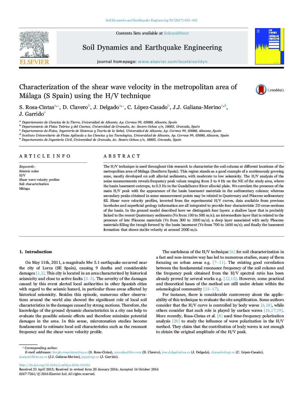 Characterization of the shear wave velocity in the metropolitan area of Málaga (S Spain) using the H/V technique